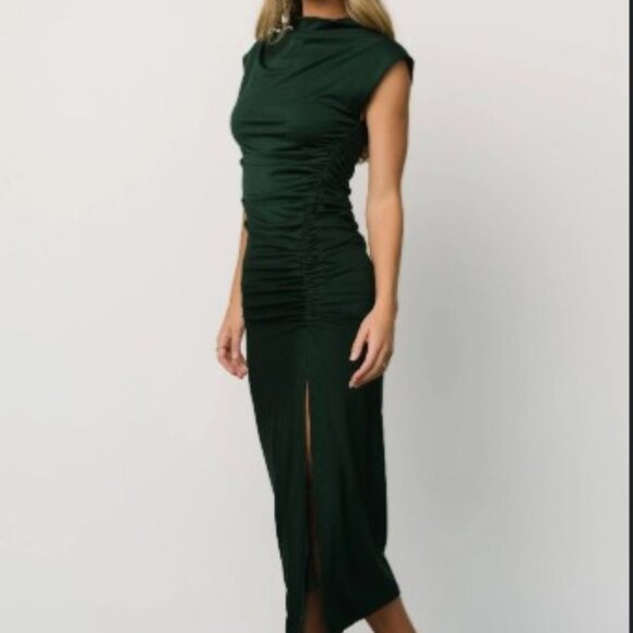 Baltic Born Sasha Women's Dark Forest Green Ruched Bodycon Maxi Dress Size M - Picture 1 of 9